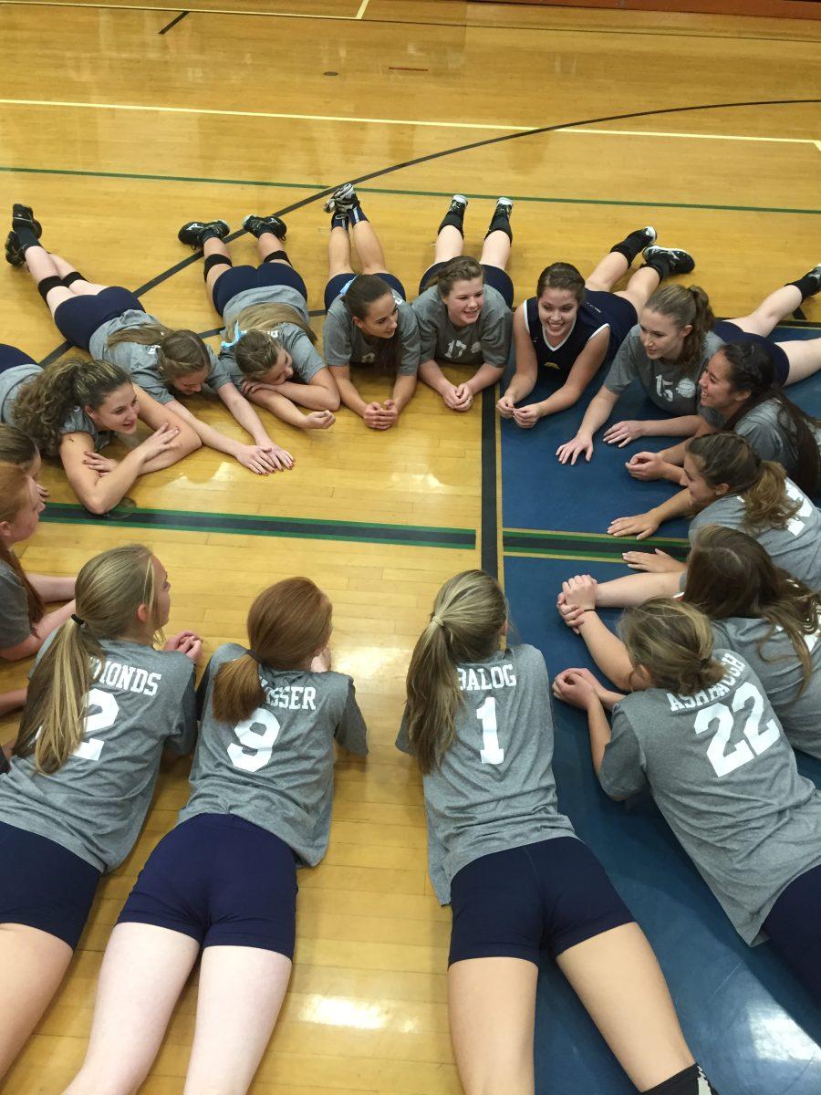Lady Panthers volleyball team clicking on the court
